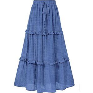 Women's Blue Long Elegant High Waist Cocktail Guest Flared A-Line Midi Skirt